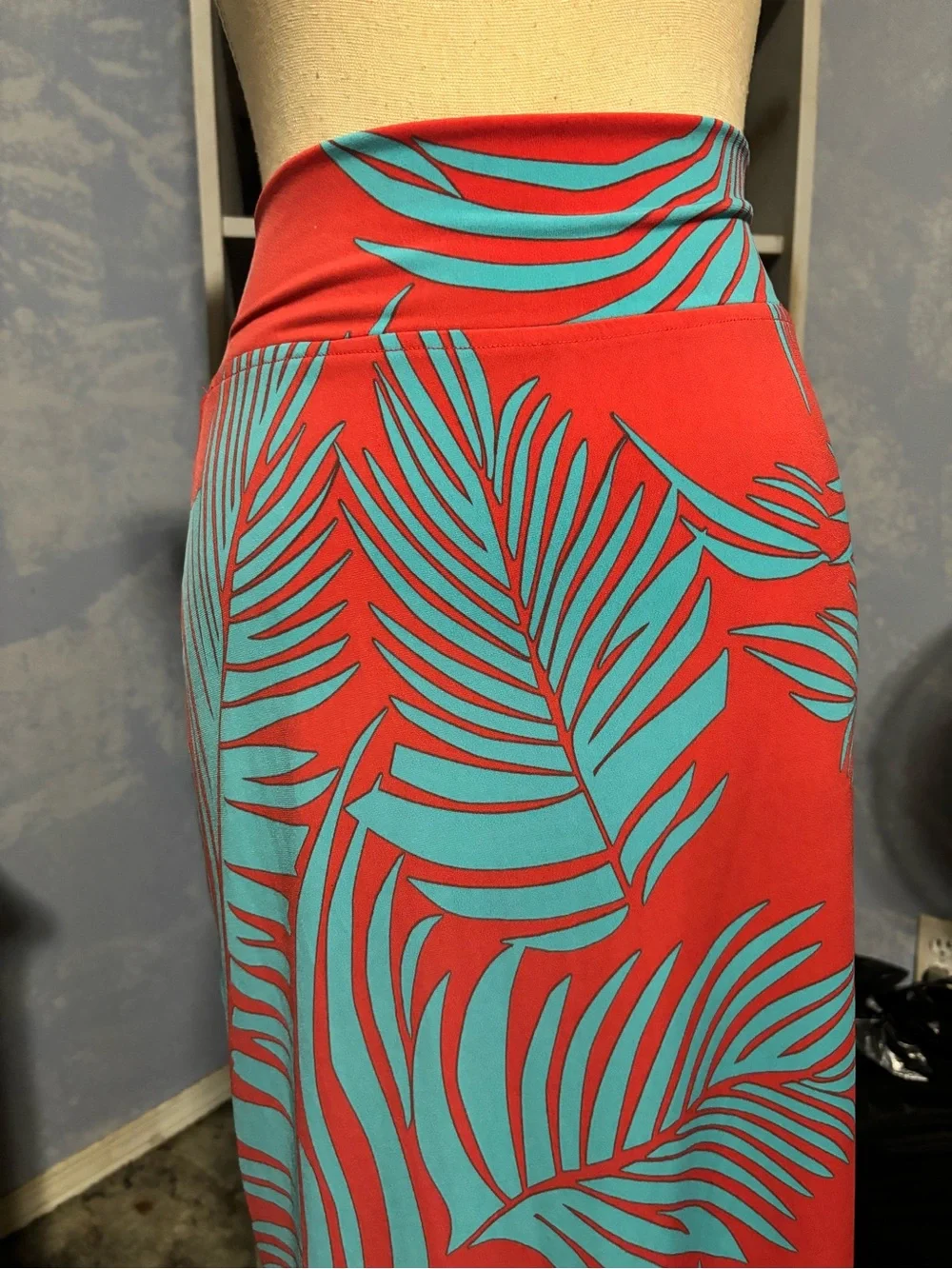 Kim & Co Tropical Palm Print Maxi Skirt Papaya Turquoise XL Made in Canada - Picture 3 of 7